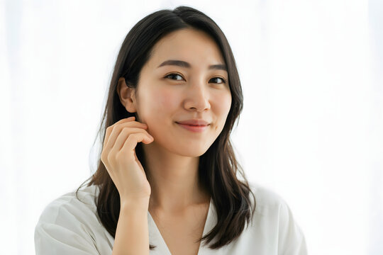 Portrait of a young east asian woman with long dark hair and natural makeup touching her neck against a soft light gray background, in studio