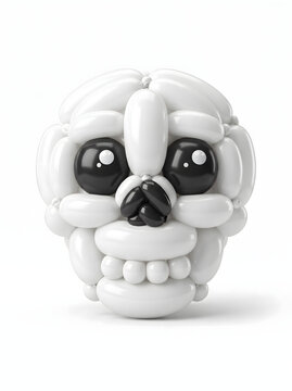 White balloon sculpture resembling a stylized skull or animal face with black eyes and nose, isolated on a white background.