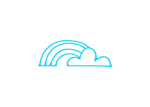 Hand drawn blue outline sketch of a simple rainbow with a single fluffy cloud handdrawn minimalist illustration childish creative whimsical meteorology positive cheerful isolated abstract