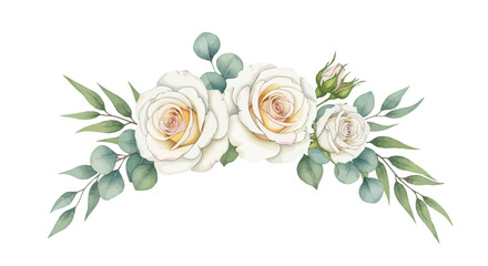 Watercolor bouquet of white roses and green eucalyptus foliage isolated on white background for wedding stationary © imran