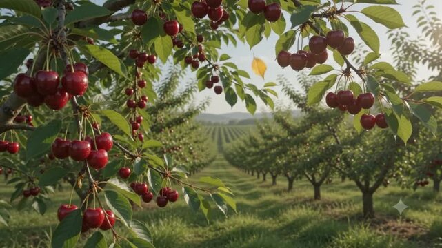 Bountiful harvest of ripe red cherries hanging on tree branches in a sunny plantation orchard field