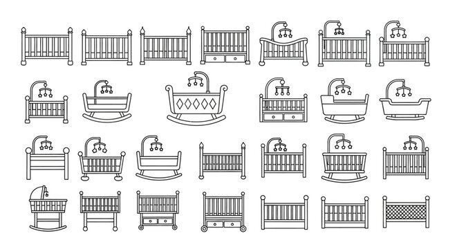 Collection of Baby Crib and Nursery Bed Line Art Icons for Newborn Sleep Furniture and Infant Bedroom Decor