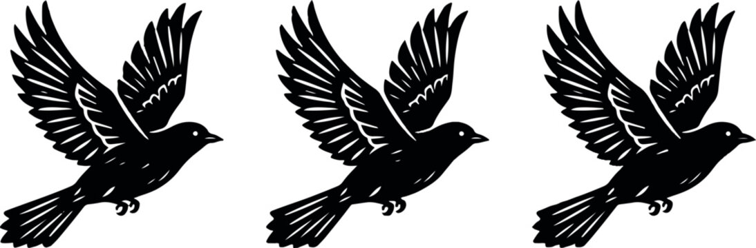 A minimalist black and white illustration featuring three identical small birds flying in a row isolated on a clean white background