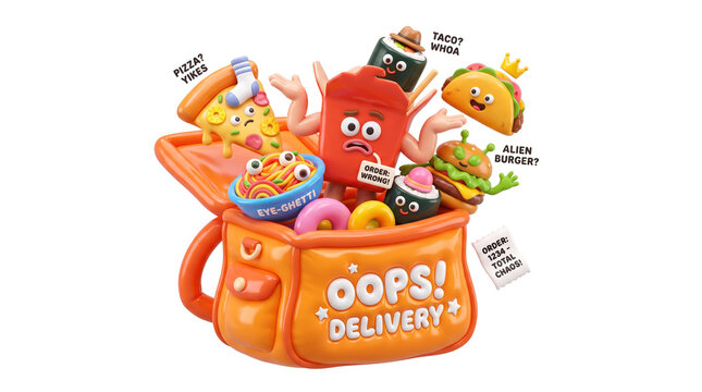 Playful 3D cartoon food characters in orange delivery bag, whimsical fast food monsters with faces, creative food delivery service concept