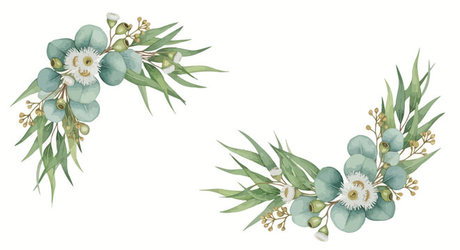 Watercolor Eucalyptus Leaves and White Gum Blossom Floral Borders Set