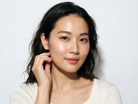 Portrait of a young east asian woman with wavy dark hair and natural makeup touching her hair against a plain white background, in a studio