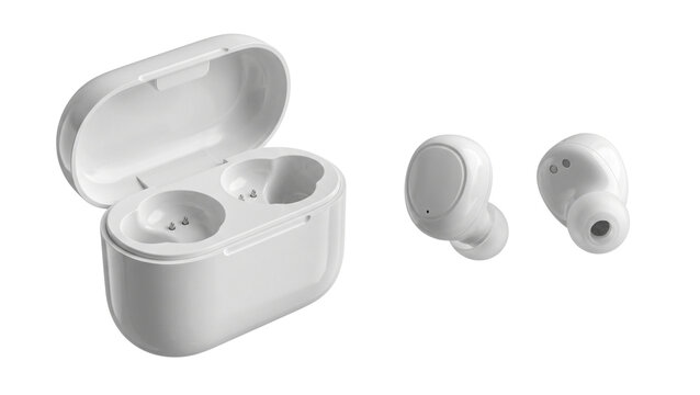 White true wireless earbuds with open charging case on transparent background. Modern portable bluetooth earphones with minimalist design for mobile phone and music use
