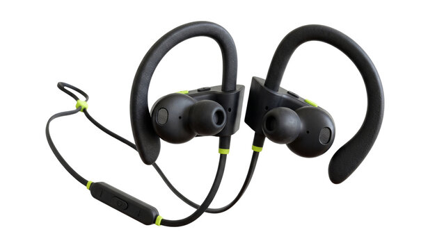 Black wireless sports earbuds with ear hooks and green accents isolated on transparent background for active lifestyle fitness and high performance workout audio gear