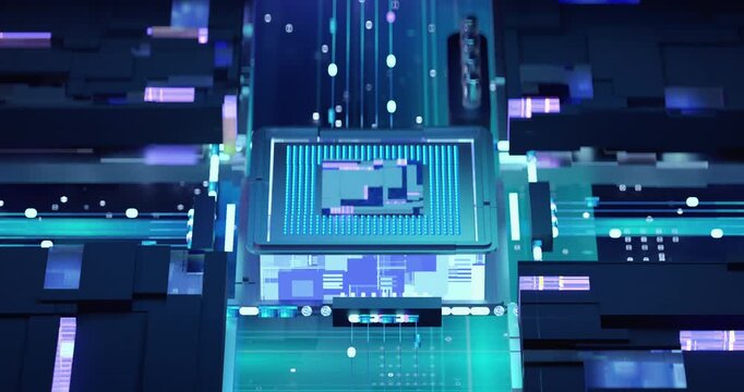Futuristic microprocessor illuminated with flowing digital data inside an advanced electronic circuit board.