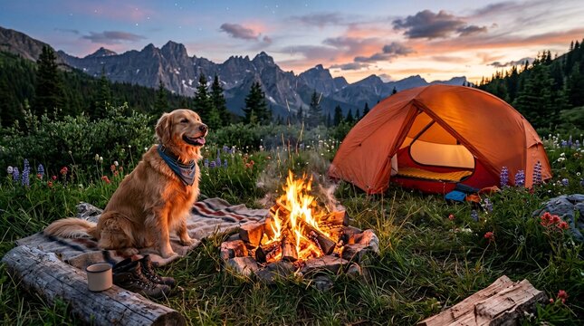 Fluffy golden retriever dog sits patiently beside a crackling campfire and an orange tent in a lush alpine meadow during the cool twilight.