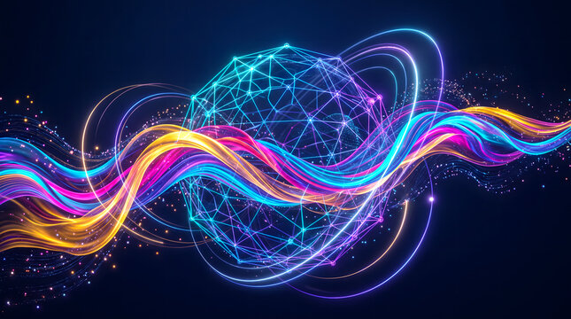 Futuristic glowing digital sphere connected by neon light waves with technology