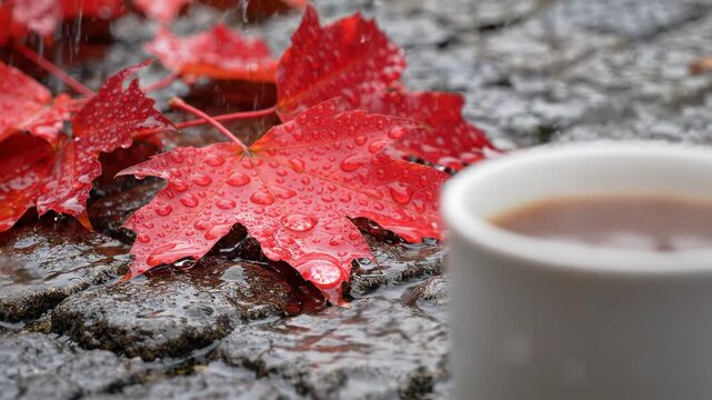Rainy autumn day with red maple leaves on wet stones and a warm cup of coffee, cozy atmosphere