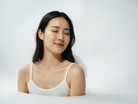 Young asian woman with dark hair and closed eyes, wearing a white tank posing against a plain white background, with soft studio lighting