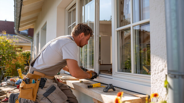Man leaning forward repairing multi-pane sash window from outside on a stucco house in daylight with tool belt