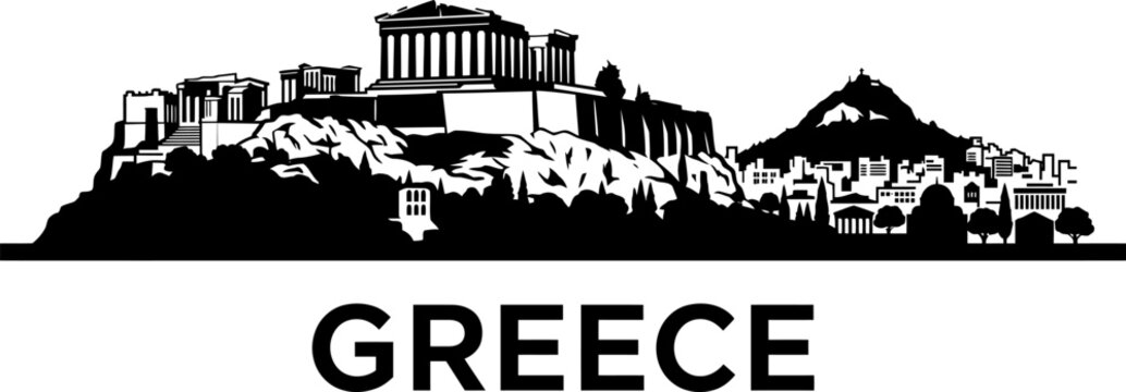 Black and white silhouette illustration of the acropolis in athens greece with classic typography