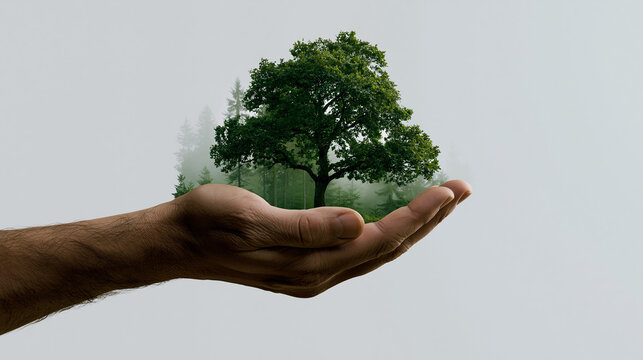 Artistic double exposure of a hand blended with a forest tree, environmental conservation, sustainability and nature harmony concept, with copy space