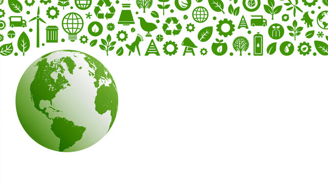 Collection of eco-friendly icons surrounding a stylized green earth, sustainability symbols, environmental protection design, with copy space