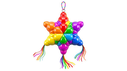 Obraz premium Rainbow star pinata with colorful tassels, vibrant multi-colored party decoration, festive hanging star toy for birthday celebrations and events