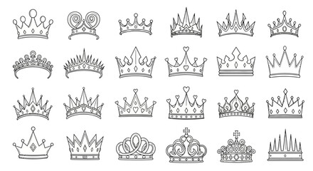 Royal crown line icons set, 24 elegant tiara and diadem vector illustrations, minimalist black outline queen and king headwear collection © imran