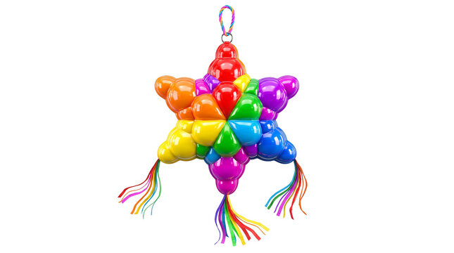 Rainbow star pinata with colorful tassels, vibrant multi-colored party decoration, festive hanging star toy for birthday celebrations and events