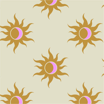 Golden sun and crescent moon pattern with soft pink accent on beige background abstract cosmic concept