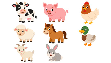Naklejka premium 牛・豚・ニワトリのかわいい農場の動物ベクターセット