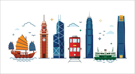Hong Kong cityscape vector illustration featuring a junk ship clock tower tram and modern buildings asia © mdashraful