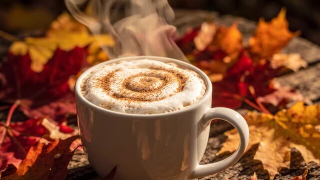Steaming cup of coffee topped with frothy milk and cinnamon swirls, set against a backdrop of vibrant autumn fall leaves and weathered wooden planks, cozy seasonal mood