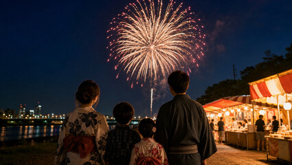 Obraz premium 夜空の大花火を見上げる家族と夏祭りの屋台