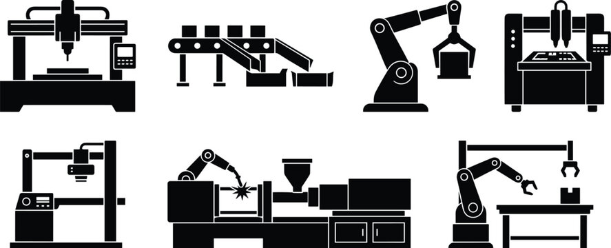 Industrial Manufacturing Silhouette Icons Featuring CNC Machines Robotic Arms Conveyors And Automated EquipmentIndustrial Manufacturing Silhouette Icons Featuring CNC Machines Robotic 
