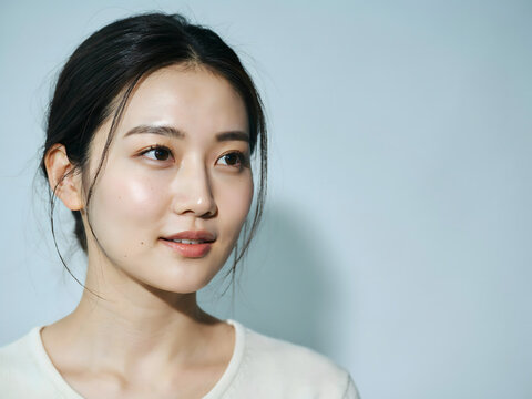 A portrait of a young asian woman with dark hair, wearing a white sweater, looking away against a plain light blue background, soft lighting