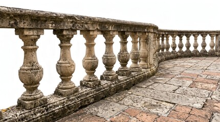 Fototapeta premium Weathered antique stone balustrade on a historic balcony with textured columns