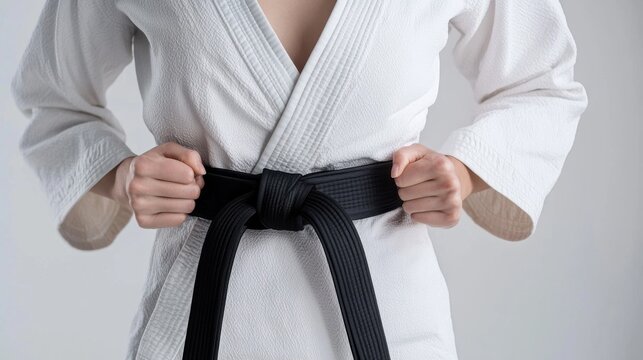 Martial artist adjusts their black belt while wearing a crisp white gi during a formal training session.