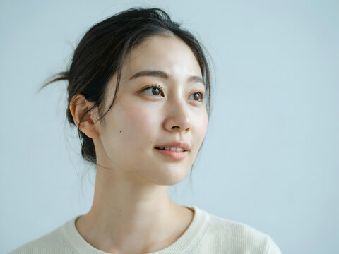 A portrait of a young asian woman with dark hair, wearing a white sweater, looking away against a plain light blue background, soft lighting