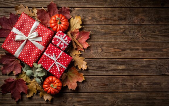 Festive red gift boxes with autumn leaves and pumpkins for a beautiful thanksgiving day celebration background