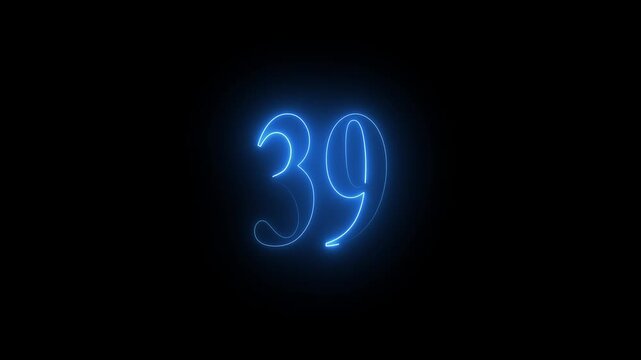 Glowing blue neon number 39 on black background thirty nine numeral