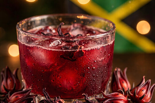 Vibrant Hibiscus Iced Drink: A refreshing crimson beverage, adorned with ice and dried hibiscus flowers, sits in a glass, with the Jamaican flag subtly visible in the background.
