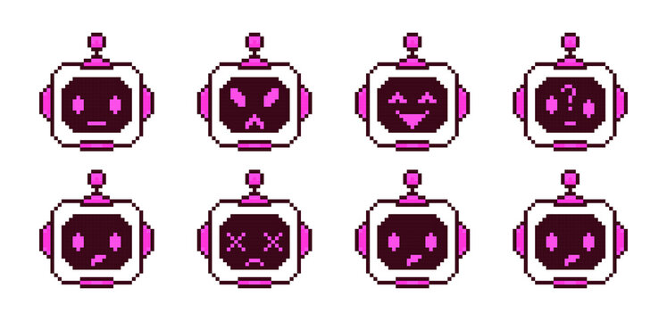 Pixel Art AI Robot Face Emoji Set with Cute Retro 8 Bit Expressions