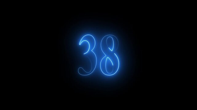 Glowing blue neon number 38 on black background thirty eight numeral