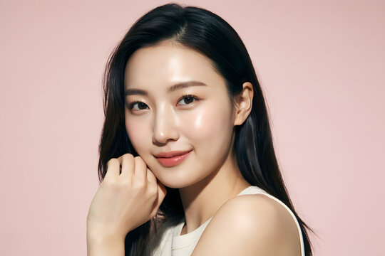 A young asian woman with glowing skin and dark hair, wearing a white touching her chin while looking at the camera against a pink background