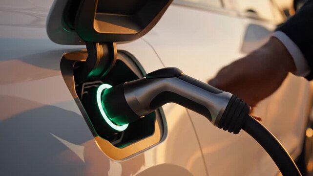 Man in suit plugging electric car charging cable into vehicle port, clean energy concept, sustainable transportation, future technology, close-up