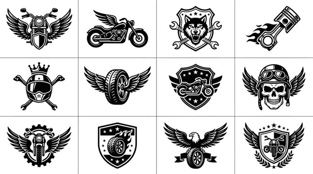 Collection of vintage motorcycle and bicycle emblems and logos.