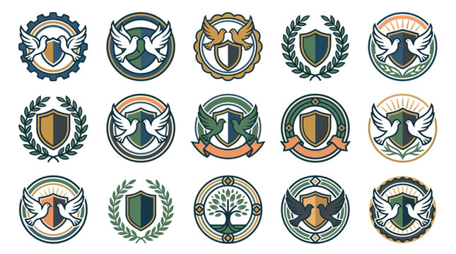 Collection of vintage style circular badges and emblems.
