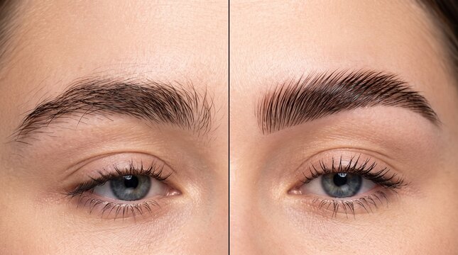 Before and after eyebrow lamination brushed up feathery brows	