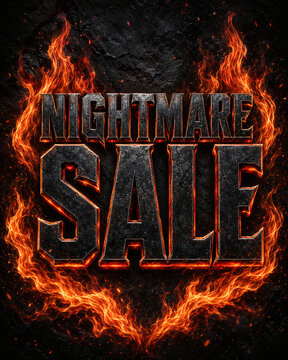 Fiery nightmare sale text with flames dramatic digital illustration on dark background discount promotion offer