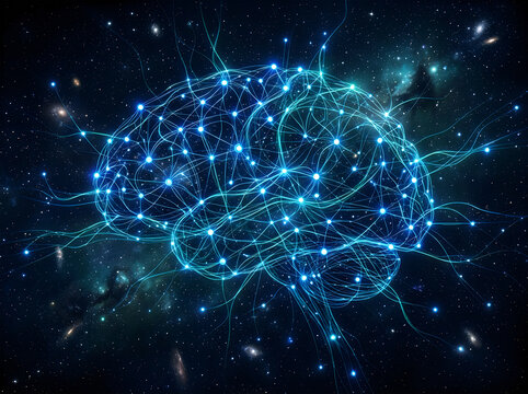 Cosmic web of glowing blue galaxy connections with stars
