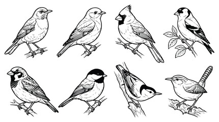 Vintage songbird illustration set, 8 hand drawn garden bird vector sketches, black and white cardinal and chickadee line art for nature branding © Shahzad
