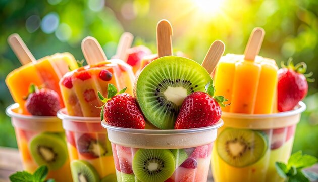 Vibrant assortment of fruit popsicles in a cup, featuring embedded fresh strawberry and kiwi slices. Ridged textures, bright summer colors, macro food photography, soft natural lighting. Summer Fruits