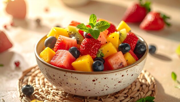 Close up vibrant fruit salad in a speckled ceramic bowl. Features fresh strawberries, blueberries, kiwi, mango, and watermelon cubes with a mint garnish. Summer Fruit