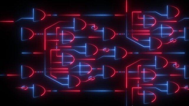 Neon glowing logic gates circuit board background